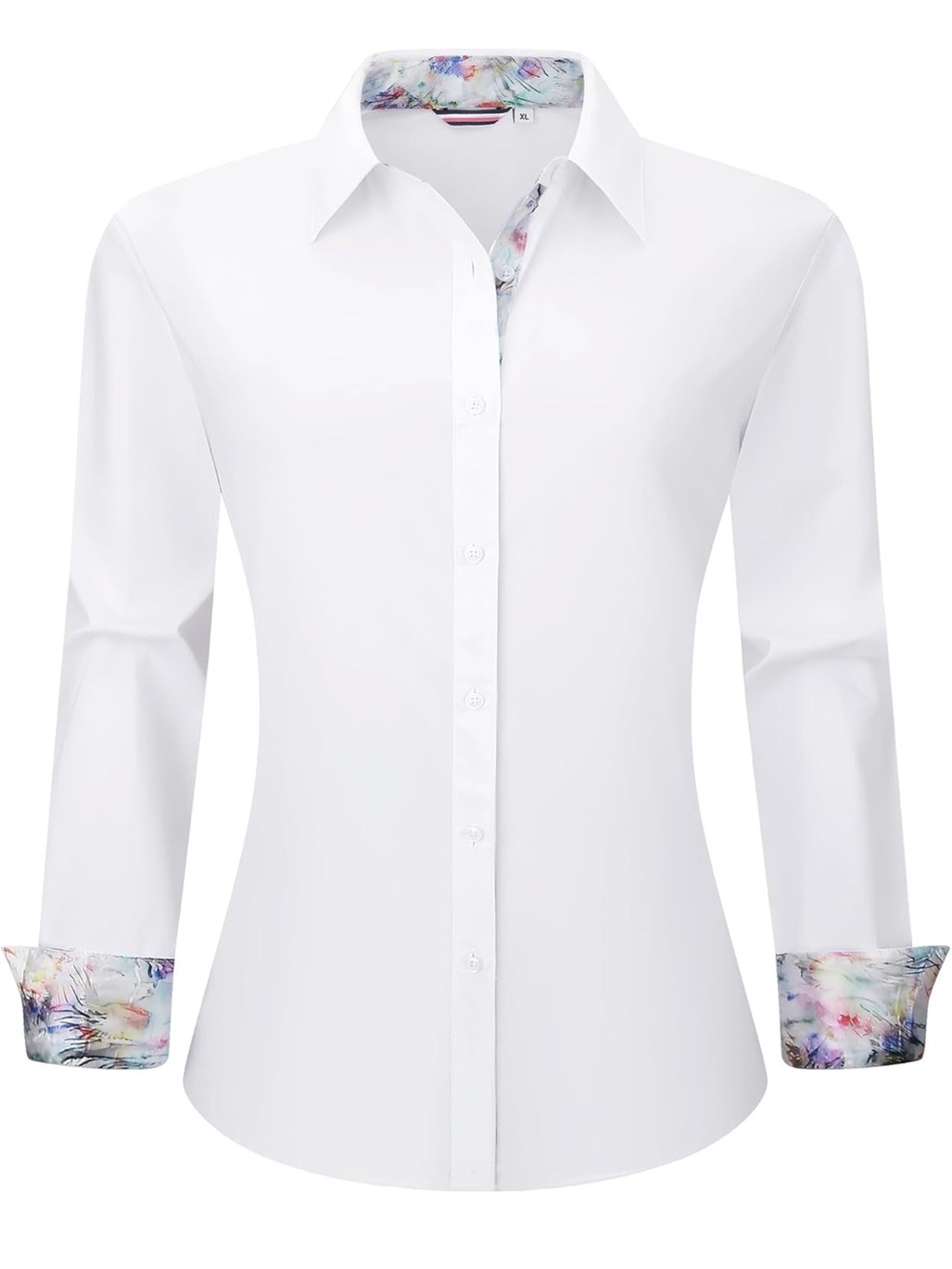 Women's White Button-Down Shirt with Floral Trim